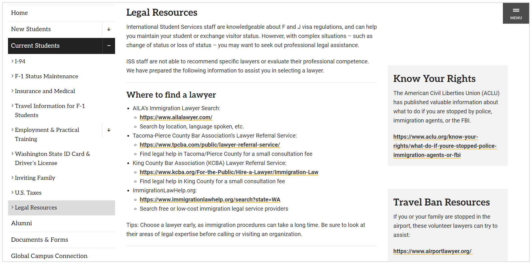 Pacific Lutheran University 法律リソースページ